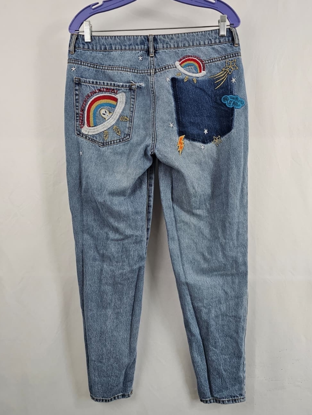 Forever 21 Women's High-Rise Tapered Leg UFO Alien Rainbow Patch Jeans, 29